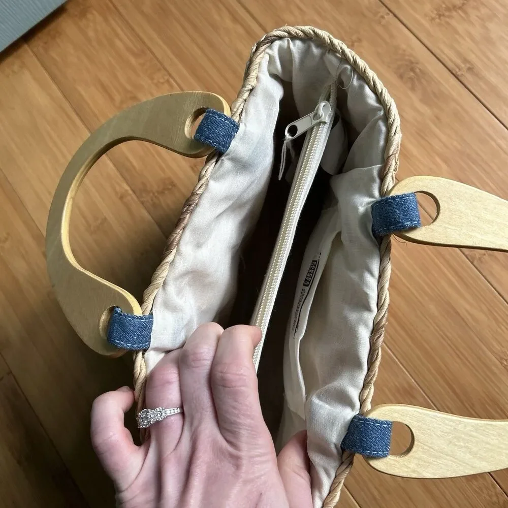 Faded Glory Woven Paper & Denim Mini Purse Wood Handle